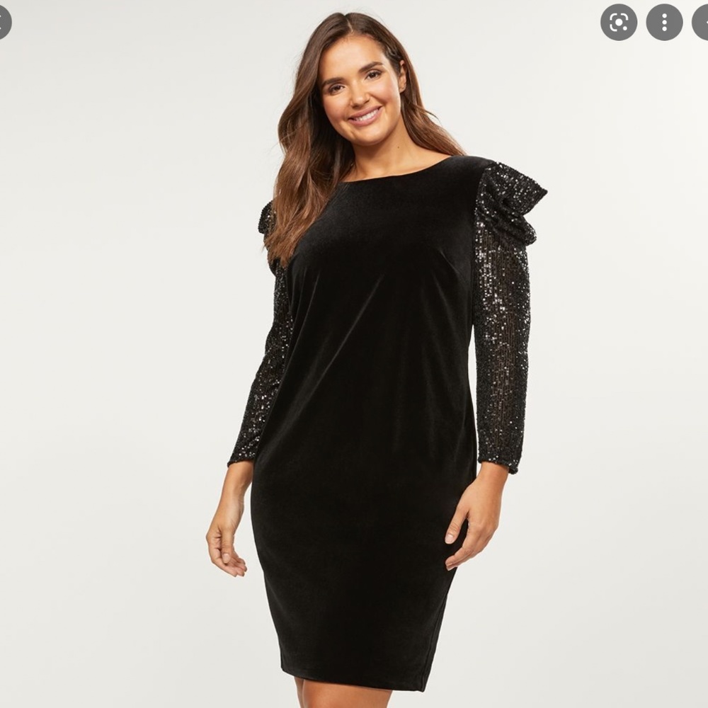 Black Velvet Cocktail Dress w/Sequin Sleeve
